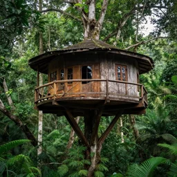 “ treehouse in rainforest, photoreal, hq ”