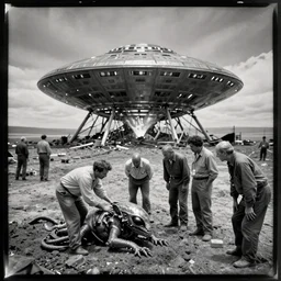 tintype, wide view, thundra ufo crash site, team of scientists, studying alien creature, photorealistic, highly detailed
