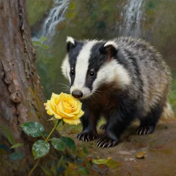 a richly textured oil painting of a young badger delicately sniffing a yellow rose next to a tree trunk. a small waterfall can be seen in the background.