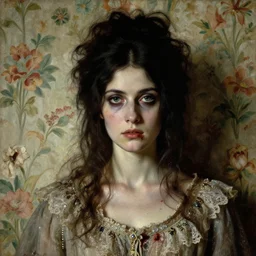 a beautiful and eerie baroque painting of a beautiful but serious woman in dead space, with haunted eyes and dark hair piled on her head, 1 9 7 0 s, seventies, floral wallpaper, wilted flowers, a little blood, morning light showing injuries, delicate embellishments, painterly, offset printing technique, by robert henri, walter popp, alan lee