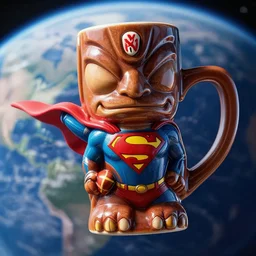 a closeup photorealistic photograph of a glossy trader vic's tiki mug in the style of superman flying in outer space. earth is in the background. bright scene. fine detail. this 4 k hd image is trending on artstation, featured on behance, well - rendered, extra crisp, features intricate detail, epic composition and the style of unreal engine.
