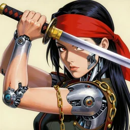 portrait of ana de armas using her right arm to grip a katana that is covering his eye illustrated by yoji shinkawa, high quality, extra details, realism, ornate, colored, golden chain, blood, vivid, sunlight, red headband, painting, cybernetics, military