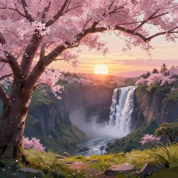featured on artstation cherry tree overlooking valley waterfall sunset beautiful image stylized digital art