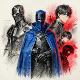 a color pencil sketch of a mysterious wearing a blue royal robe and a plague doctor shaped mask, by greg rutkowski and makato shinkai, future black knight, by melmoth zdzislaw belsinki craig mullins yoji shinkawa, red light, semi - realistic render, pencil, paint smears, realistic manga, dramatic lighting, red light, d & d design