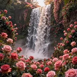 fantasy world detailed art, dreamy roses waterfall, cinematic view, detailed, concept art, high detail, warm fantasy lighting, volumetric, trending on artstation, art greg rutkowski