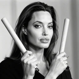 stunning bw film photograph of ( ( ( ( anjelina jolie holding a plumbus ) ) ) ), closeup, aperture 1. 2