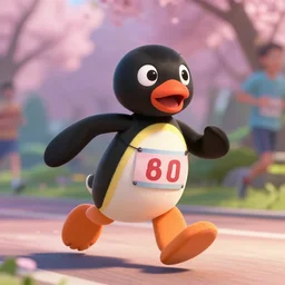 a wholesome animation key shot of pingu running in a marathon, sprint, medium shot, waist up, pixar and disney animation, sharp, rendered in unreal engine 5, anime key art by greg rutkowski, bloom, dramatic lighting