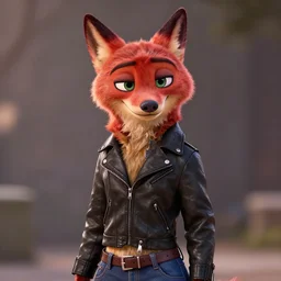 upper body portrait, anthropomorphic female wolf 🐺 with red 🟥 fur, wearing a black leather jacket and denim pants, detailed, unreal engine 5, artstation, in the style of zootopia