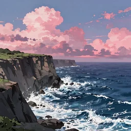 anime landscape wallpaper, rough waves, ocean cliff side, pink multicolor clouds