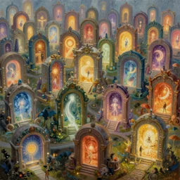 Thousands of portals, fantasy magic, oil painting, digital art, illustration, wide angle, fine details, cinematic, volumetric light, ray traced, highly detailed, octane render, 3d, 4k, unreal engine, concept art