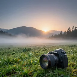 mountain meadow grotto, scenic sunrise, hdr, photorealism, mist, enchanting scenery, nikon d 8 5 0, wide lens