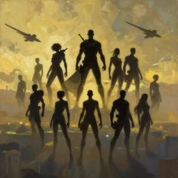 cyberpunk, many silouettes of flying people, like a group of superheroes, group, many figures in open sky, epic pose, atmospheric lighting, painted, intricate, golden hour, ultra detailed by peter gric, giger, enki bilal