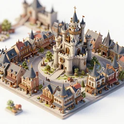 isometric close up view of hyper realistic steampunk town with a castle and buildings