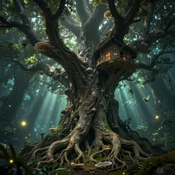 world tree, massive tree, tree, roots, treant, subtle patterns, intricate texture, highly detailed, alien world, fungal, underwater, light shafts, light diffusion, natural, fireflies, magical, magical tree, fungal growth, fractal fungus, mushroom fractals, tree house, fairies, fairy forest