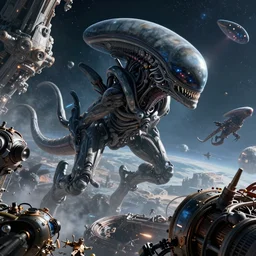 an enormous alien battle in space, art by mark cooper, 8 k, hyper detailed, hdr, intricate, masterpiece