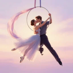 couples tango, aerial ring, aerial silks, dancing couple, almost kiss, ribbons and silks, pastel glowing skies, lofty, romantic embrace, elation cyr, in the style of anthony van dyck, pastel silks, tissue paper, tulle, ballet, couples figure skating