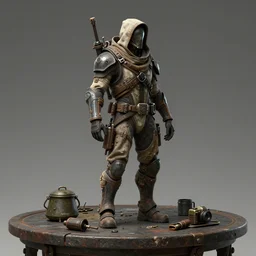 concept art of a post apocalyptic explorer nomad on a table, hyperrealistic, photorealistic, style by wlop, cgsociety, hyper detailed, 8 k