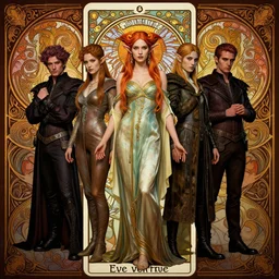 full length portrait of a beautiful mysterious elf by eve ventrue, michael carson, andreas rochas, john watkiss, casey weldon, artgerm. art nouveau. tarot card by mucha. gloomhaven. swirly intricate linework background. gaudy colors, sharp edges. octane render
