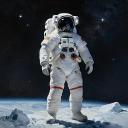 an epic painting of a futuristic astronaut standing on an airless icy planet in the endless starry night of space, detailed, soft focus, brilliant, 4k, 8k, HD, trending on artstation, art by Frank Frazetta and Moebius