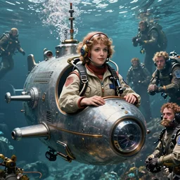 detailed ultrarealistic photography front medium shot of waterworld, submarine, warhammer, postapocalyptic, scifi cyberpunk scubadiver, pilot girl, leyendecker, norman rockwell, greg rutkowski, artstation cinematic, vray game of thrones, lord of the rings