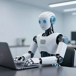 a robot works in front of a laptop