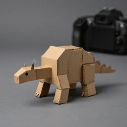a toy stegosaur, built using brown cardboard, dslr, soft lighting