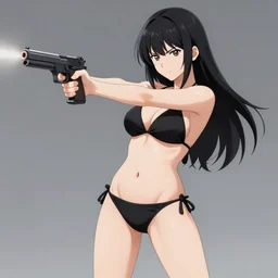 portrait of elisha cuthbert as a anime spy girl, hourglass slim figure, wearing black bikini, firing a gun in a fierce battle, body portrait, smirk, highly detailed, digital painting, artstation, concept art, sharp focus, illustration, art by wlop and greg rutkowski and alphonse mucha and artgerm