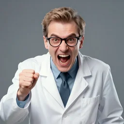 the mad scientist screaming to the camera, portrait, artwork by Sergey Kolesov