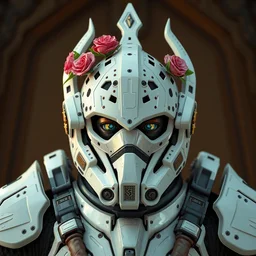 perfectly - centered!! looking at the camera!!! low - angle!! full body portrait of fallout brotherhood in white power armor with roses, intricate abstract helmet intricate artwork, by tooth wu, wlop, beeple, dan mumford. concept art, octane render, deviantart, greg rutkowski, cinematic arthouse, key art, hyper realism, iridescent accents