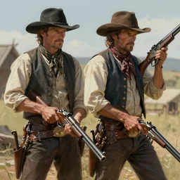 an ultradetailed image of sam and dean winchester as an old west gunfighters, masterpiece, 8 k, art by greg rutkowski and albert bierstadt