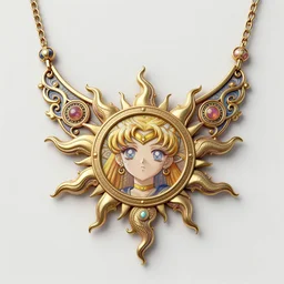a beautiful detailed necklace with a sun, sailor moon aesthetic, fantasy, intricate, elegant, highly detailed, digital painting, artstation, concept art, matte, sharp focus, illustration, highly detailed art by Artgerm and Greg Rutkowski and Alphonse Mucha