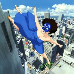 a woman in a blue dress wearing a blue mantra ray mask falling from a building in Tokyo , anime film still from the an anime directed by Katsuhiro Otomo with art direction by Salvador Dalí, wide lens