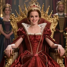 Emma Watson sitting on queens throne evil smile by moebius and atey ghailan by james gurney by vermeer by George Stubbs trending on artstation