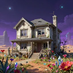 a beautiful detailed illustration of single family detached house building urbex architecture city by banksy, synthwave cgsociety otherworldly gem flowers steampunk meadow desert crystal dieselpunk evil azeroth elysian infrared retro tron poppy nightsky myst biopunk, archdaily, wallpaper, highly detailed, trending on artstation.