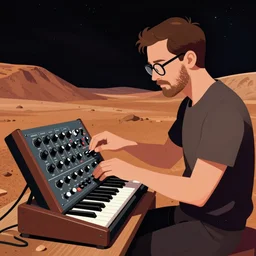 a lantern jawed man in glasses adjusts the controls on a complex rack of modular synths on the surface of mars, psychedelic illustration