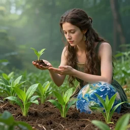 earth goddess surveys her domain, plants erupting from the ground, high detail