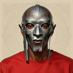 portrait of mf doom, gray metal steel mask, dark skin underneath. red t - shirt, beige complex background, intricate, elegant, highly detailed, digital painting, artstation, concept art, smooth, sharp focus, illustration, by anato finnstark, boissb - blanca. j, cindy avelino, clint cearley, anna podedworna