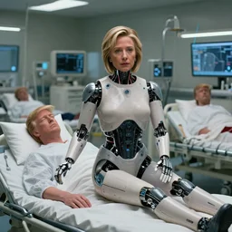 big budget scifi movie set in a war - torn hospital about a female hillary clinton cyborg in rubber giving memory transplants to time travelling donald trump clones on hospital beds