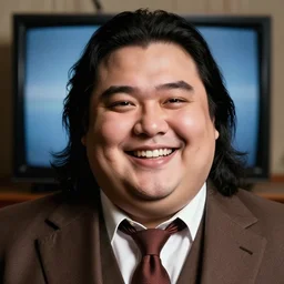Close up portrait of a clean-shaven chubby man with long black hair wearing a brown suit and necktie with a television in the background. Photorealistic. Award winning. Dramatic lighting. Intricate details. UHD 8K. He looks very happy with big smile.