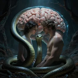 Adam and Eve inside the brain, snake is surrounding them, beautiful dramatic moody lighting, cinematic atmosphere, by Jean Giraud, Alex Grey, Zdzislaw Beksiński, Dan Mumford, Patiphan Sottiwilaiphong, Yintion J - Jiang Geping
