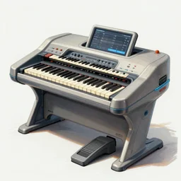 futuristic organ console with 5 manuals and a pedalboard designed by alan lee and john howe and vincent di fate, detailed color concept art sketch