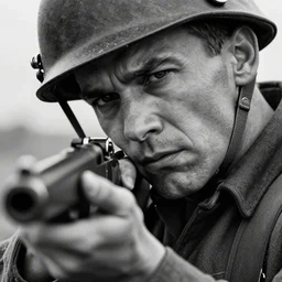 A soldier aiming a gun, face in despair, world war 1, close-up, realistic face, beautiful face detail, mature facial features, black and white, amazing digital art, hyper detailed, artstation, in the style of Tony Sart