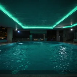 9 0 s waterpark glowing edges teal tiled ceiling empty liminal dark with camera flash