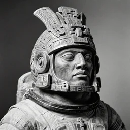 photo portrait  of precolumbian aztec astronaut helmet with fine detail engravings and runes cultist lord rich baron by Diane Arbus and Louis Daguerre