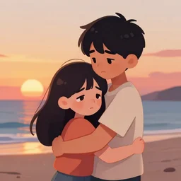 a boy hugging a crying girl on the beach, sunset, cartoon, detailed, wlop, artstation
