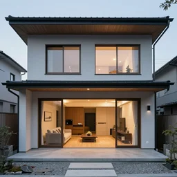 photo of the exterior of a japanese modern house with open lit doorways, dramatic lighting, smoke, ceiling fluorescent lighting, black and yellow colour palette