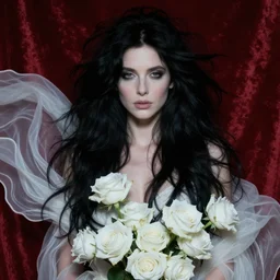portrait of kate bush against a red velvet background, lush black hair, pale skin, white roses, flowing material, intricate, beautiful cinematic lighting, stuning painting by artgerm and android jones