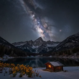 a beautiful double exposure of a deep field astrophotography image by hubble in the sky, and a night time landscape with towering mountains and a still lake with reflections, small wooden cabin in foreground, snow, lpoty, award winning, apod, low noise, detailed, sharp, elevated point of view