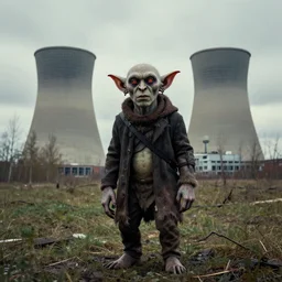 goblin stands against the backdrop of the chernobyl nuclear power plant, realistic art