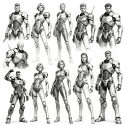 detailed pencil spot illustrations of various character concepts from the overwatch and destiny crossover, various poses, cybernetics, futuristic, by ruan jia, by yoshitaka amano, by conrad roset, by burne hogarth, by bridgeman, cgsociety, artstation.
